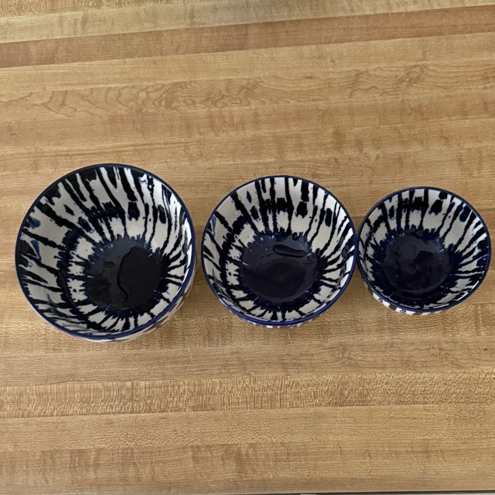 West Elm Indigo and White Ceramic Bowl Trio